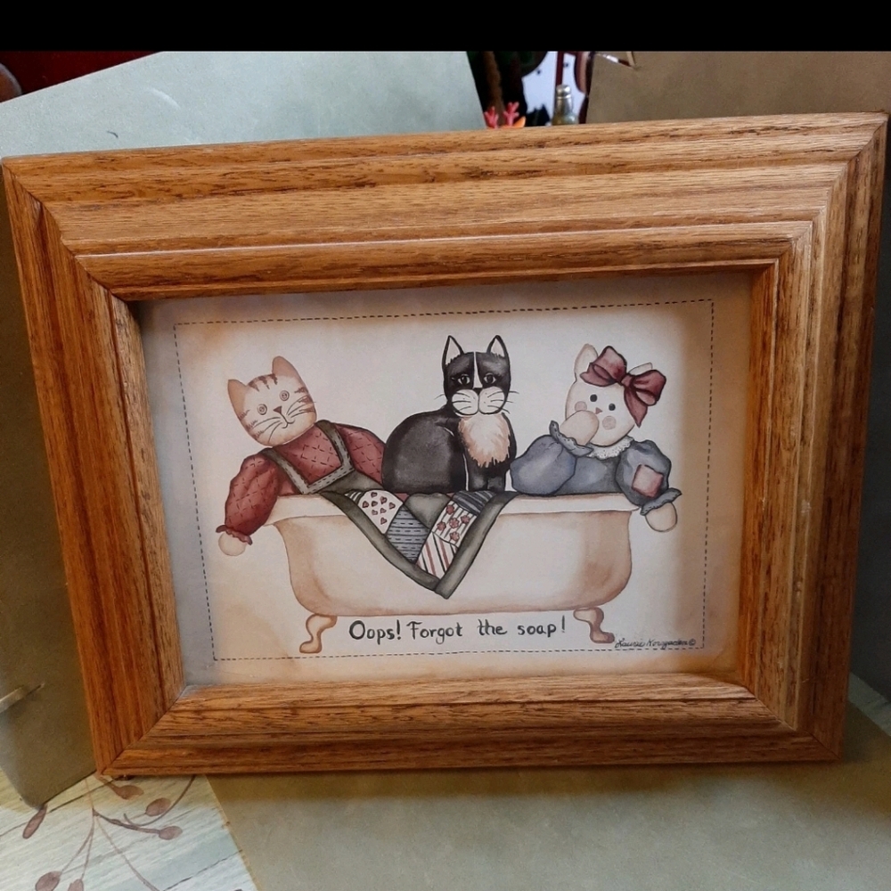 LAURIE KORSGADEN Signed Framed Double Matted Cat Bathtub  Forgot The Soap